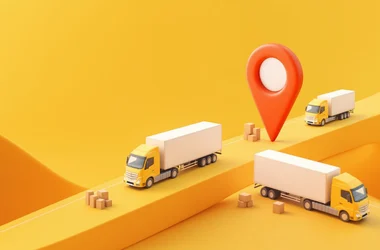 3D model trucks with location icon on yellow background