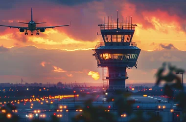 FAA Airport air traffic control tower with airplane in the background landing or taking off at sunset.