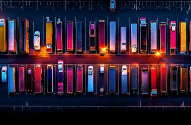 colorful fleet of trucks parked