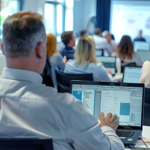 A high-angle view of a compliance training session, with employees taking notes and engaging with interactive compliance software on their laptops.