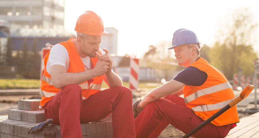 two men in hardhats and safety vests sit down for a cigarette