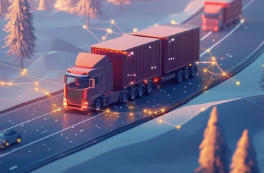 digital image of red truck driving down a wooded highway