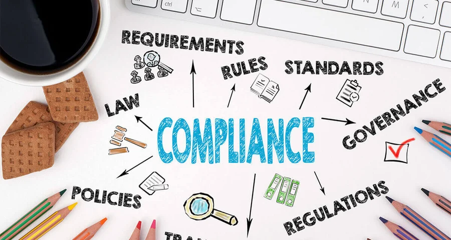 Compliance related words written on a computer desk