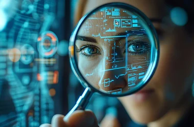 woman holding up magnifying glass analyzing data