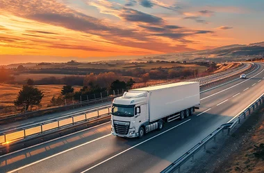 Refrigerated truck on highway, transporting perishables