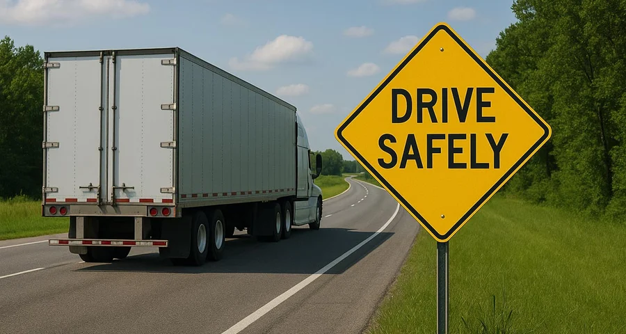 truck passing sign that says DRIVE SAFELY
