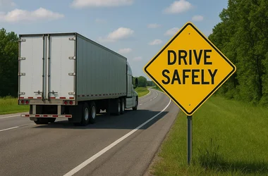 truck passing sign that says DRIVE SAFELY