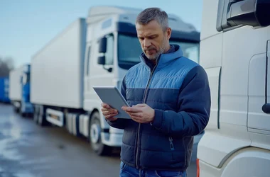 man standing by trucks checking tablet