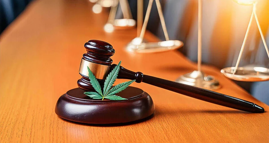 Gavel and cannabis leaf