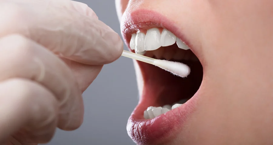 Gloved hand collecting an oral fluid sample