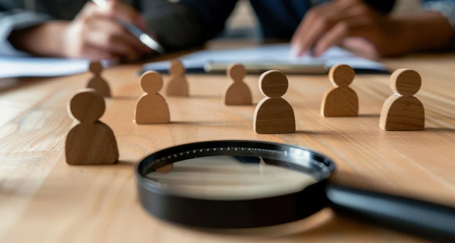 Magnifying glass lying on a table with several wooden people figures in front of it.