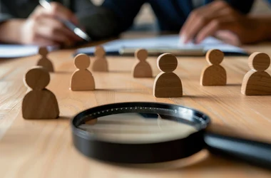 Magnifying glass lying on a table with several wooden people figures in front of it.