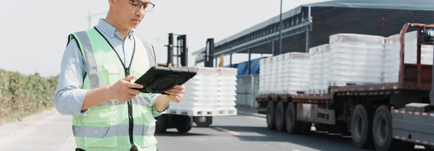 Logistics worker in safety vest using tablet to inspect cargo on truck at distribution center