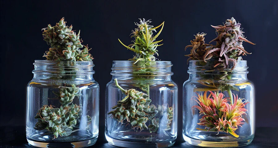 three jars with different cannabis plants in them