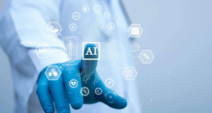 gloved hand selecting an icon labeled "AI"
