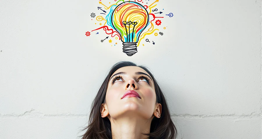 woman looking up at a colorful illustrated lightbulb over her head.