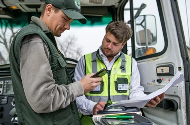 Transportation workers in a truck cab, one checking a smartphone while the other reviews MVR paperwork