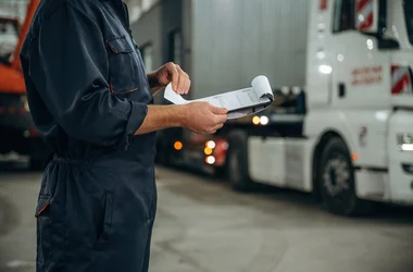 transportation operator reviewing permits standing next to large truck