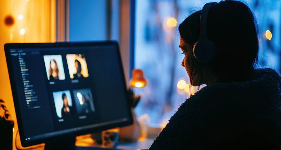 A person attending a virtual conference with colleagues from around the world