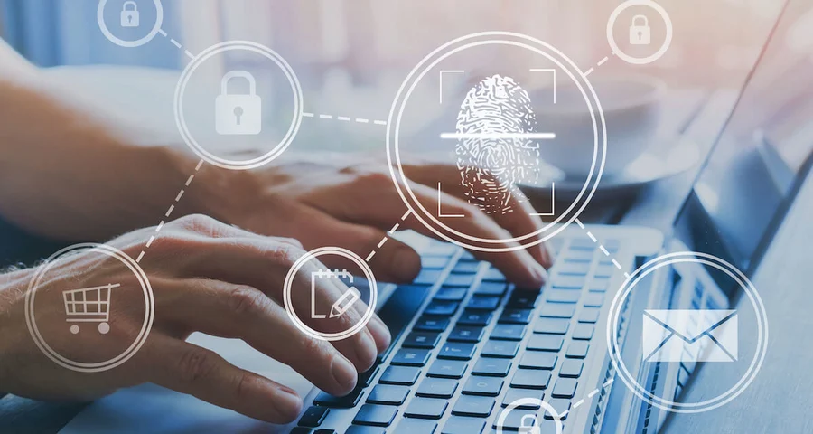 person typing on computer criminal background check icons