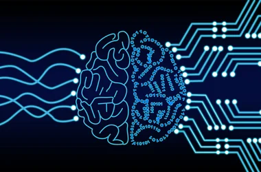 Illustration: artificial intelligence brain using binary language and circuit boards connecting to it