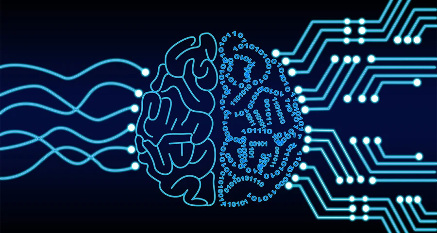 Illustration: artificial intelligence brain using binary language and circuit boards connecting to it