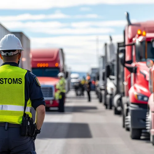 customs officer in reflective vest monitors trucks at border checkpoint, ensuring safety and compliance.
