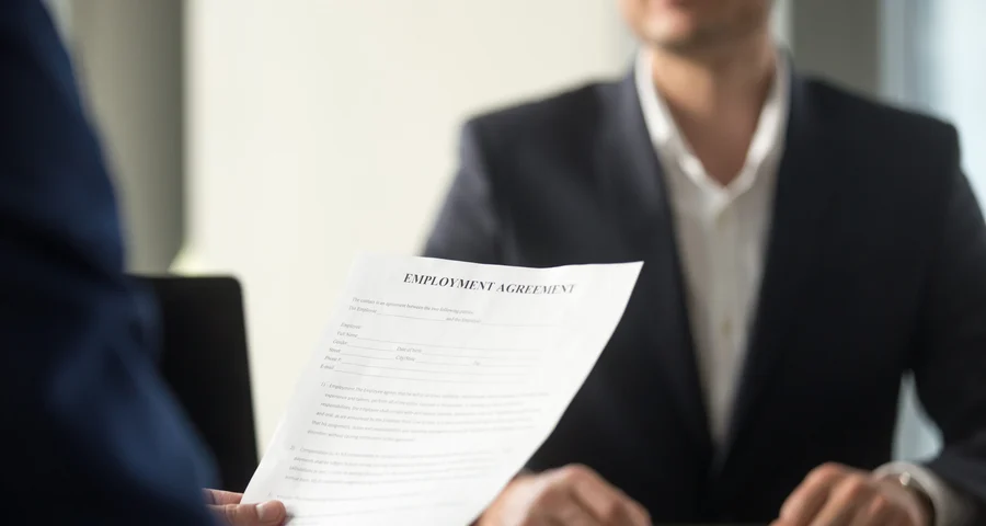 Toekomstige medewerker leest arbeidsovereenkomst
