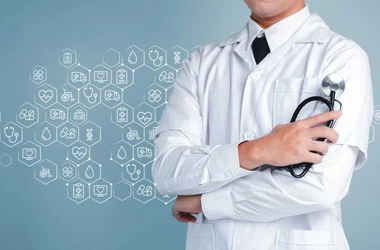 doctor standing next to many medical test icons