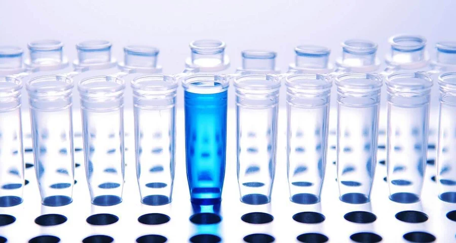 test tubes in a rack with blue liquid in one