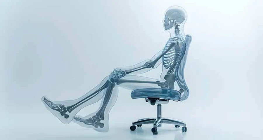 An X-ray image of a person sitting in an office chair showing how ergonomics works