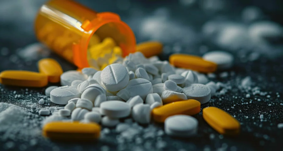 fentanyl pills spilling out of a prescription pill bottle