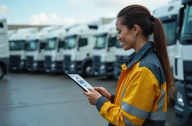 female transport yard manager updating fleet records on a tablet