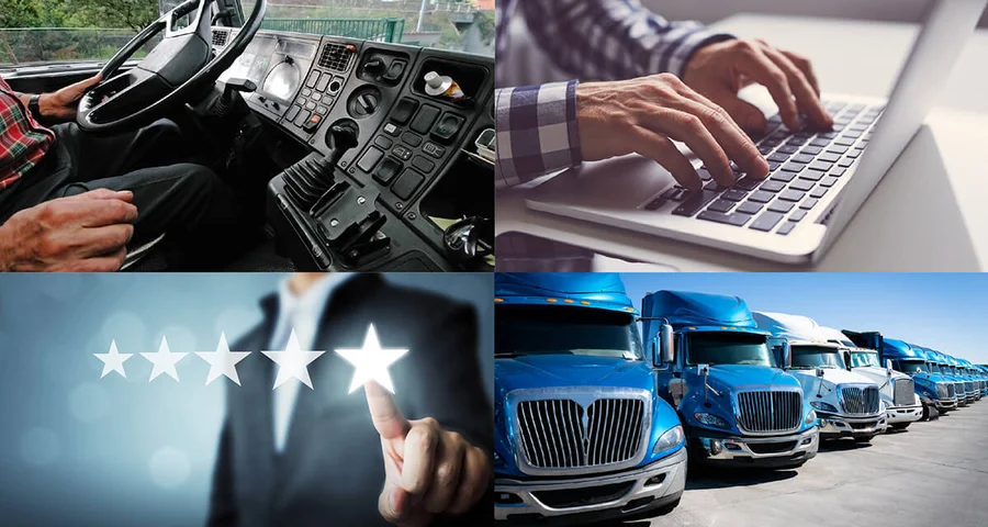 split image showing transport trucks, a truck driver behind the wheel, a person choosing a five-star rating, and a person working on his laptop