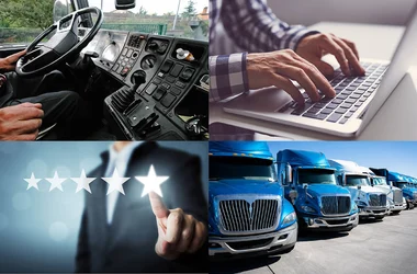 split image showing transport trucks, a truck driver behind the wheel, a person choosing a five-star rating, and a person working on his laptop
