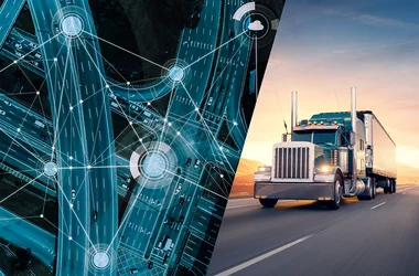 split image showing a highway map and an 18 wheeler