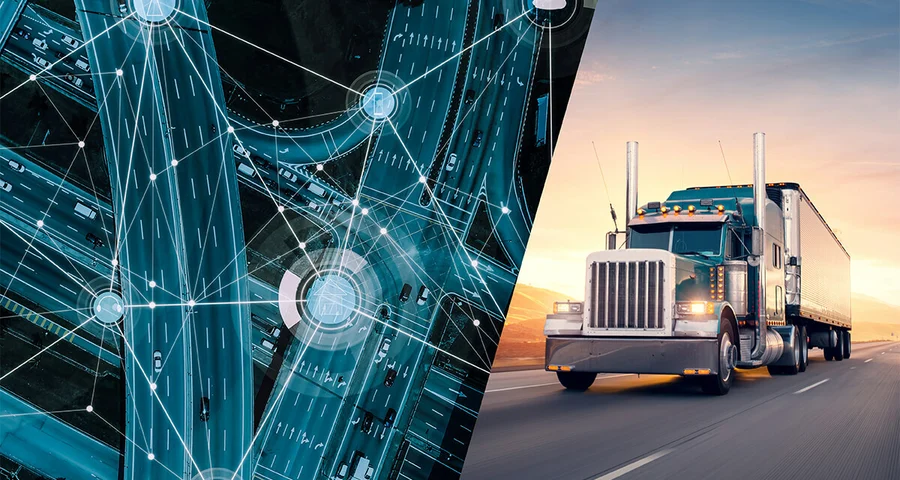 split image showing a highway map and an 18 wheeler