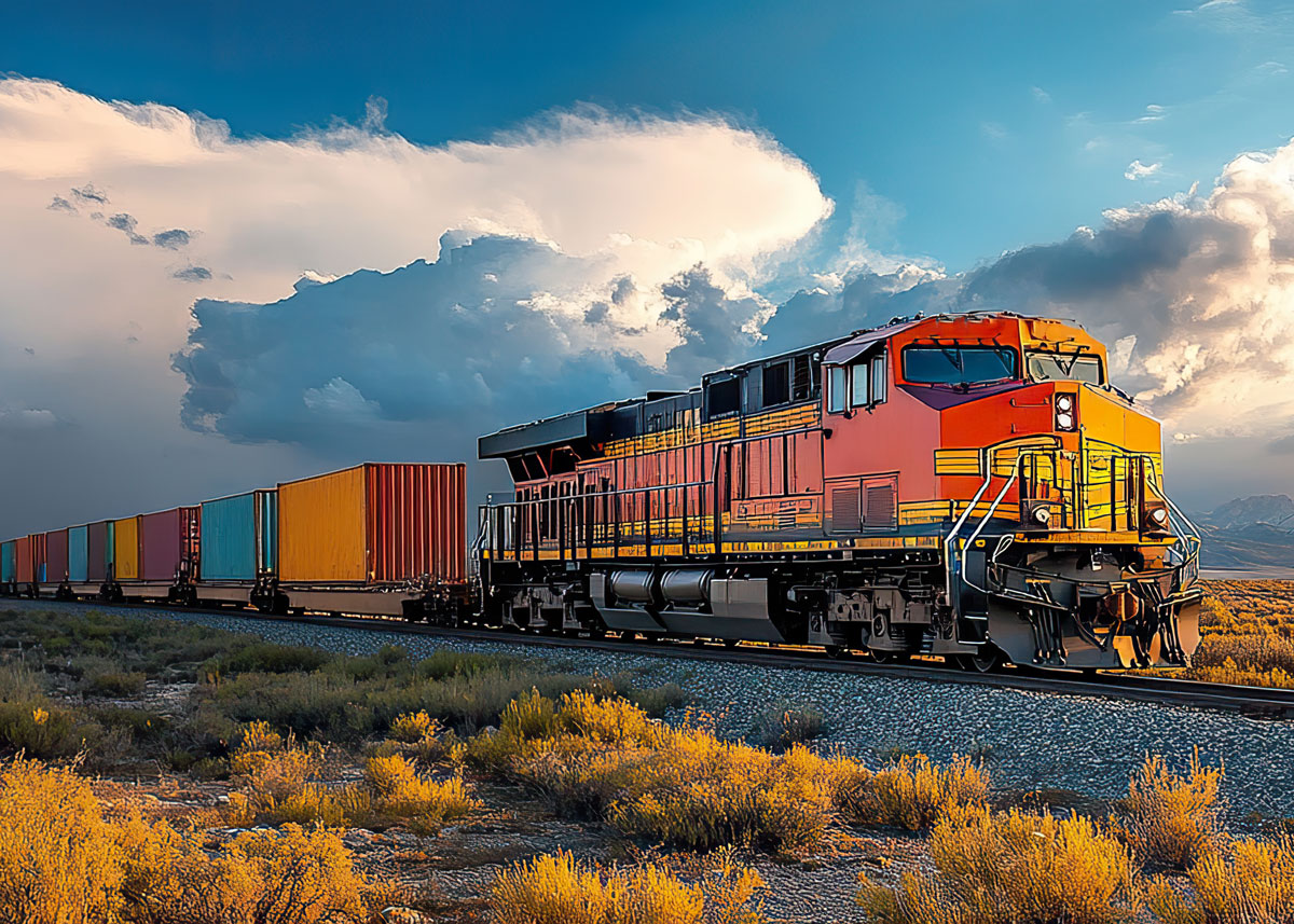 A freight train carries colorful containers across a landscape. Federal Railroad Association