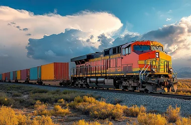 A freight train carries colorful containers across a landscape. Federal Railroad Association
