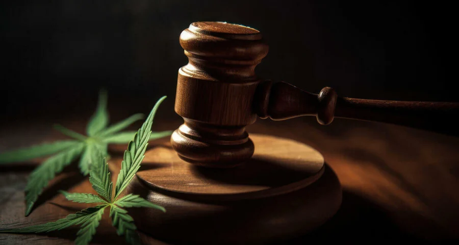 Gavel with marijuana leaves