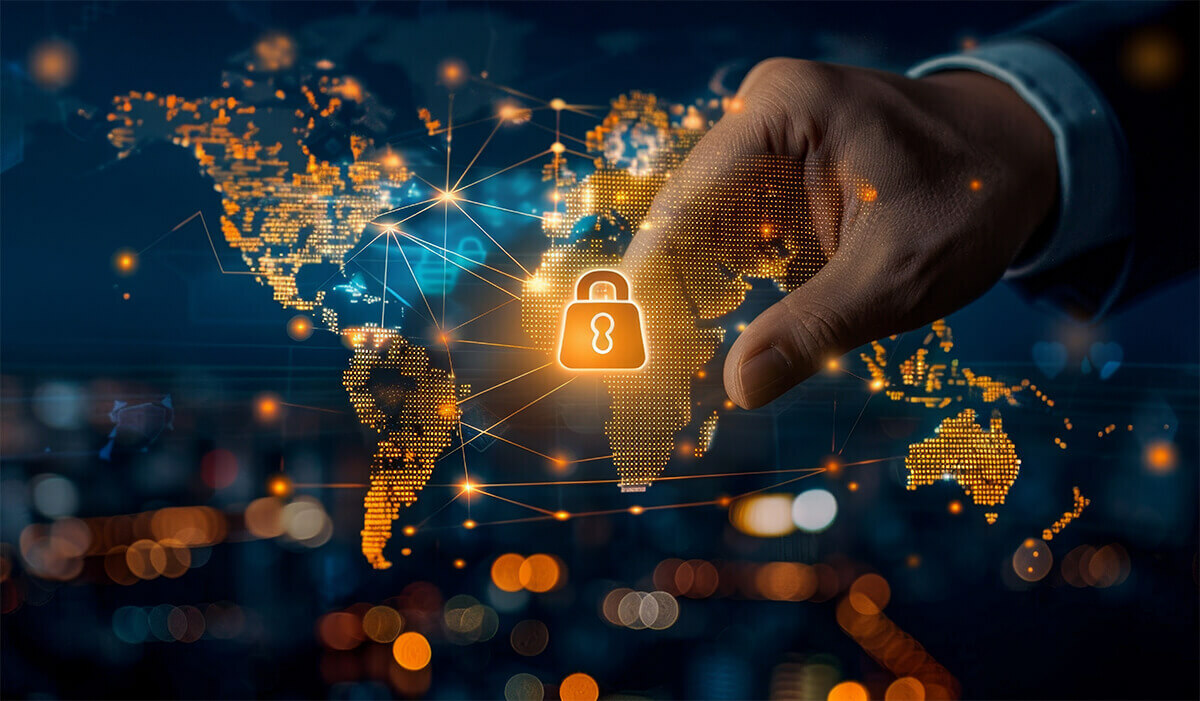 A hand choosing a secure file linked to multiple countries