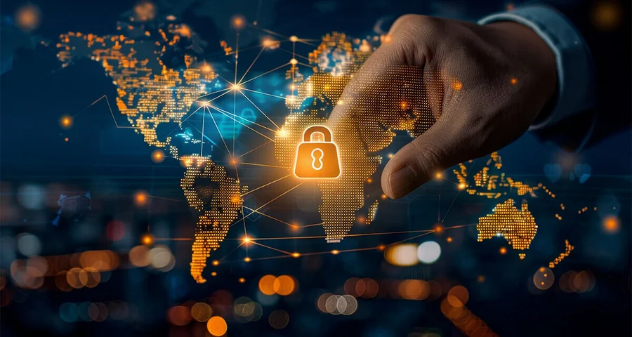 A hand choosing a secure file linked to multiple countries