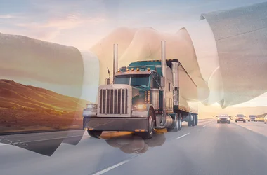 Handshake superimposed over an 18-wheel truck driving on the road