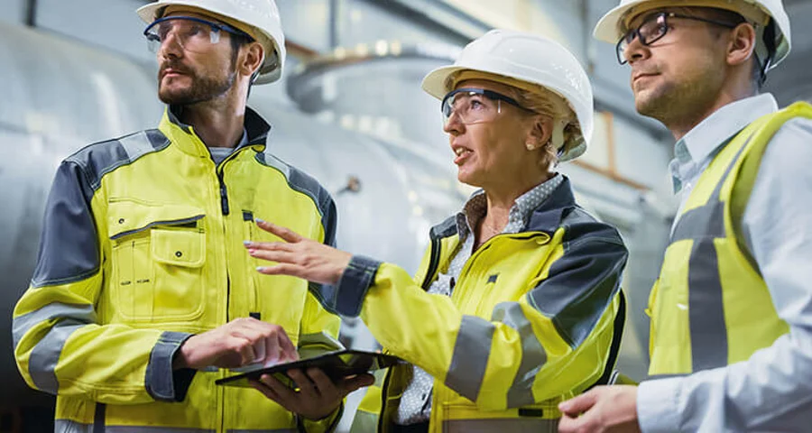Industrial worker wearing hard hats and safety vests having an onsite meeting