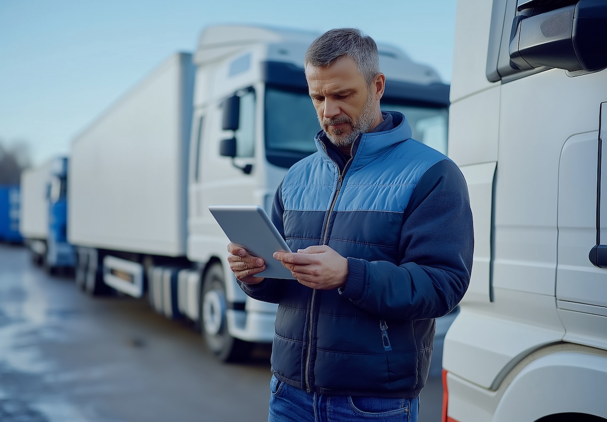 man standing by trucks checking tablet