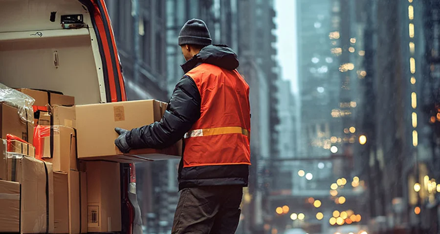 delivery driver loading packages into trunk on busy street