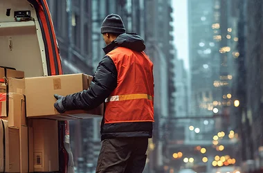 delivery driver loading packages into trunk on busy street