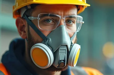 worker in hard hat, safety glasses, wearing full face respirator, emphasizing respiratory protection.