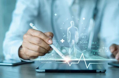 Doctor touching electronic medical record, Digital healthcare on network with hologram modern virtual interface, OMRT, electronic medical record tracking