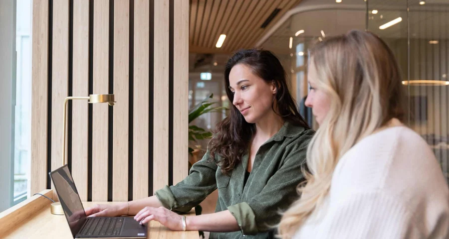 two female employees in office looking at laptop
